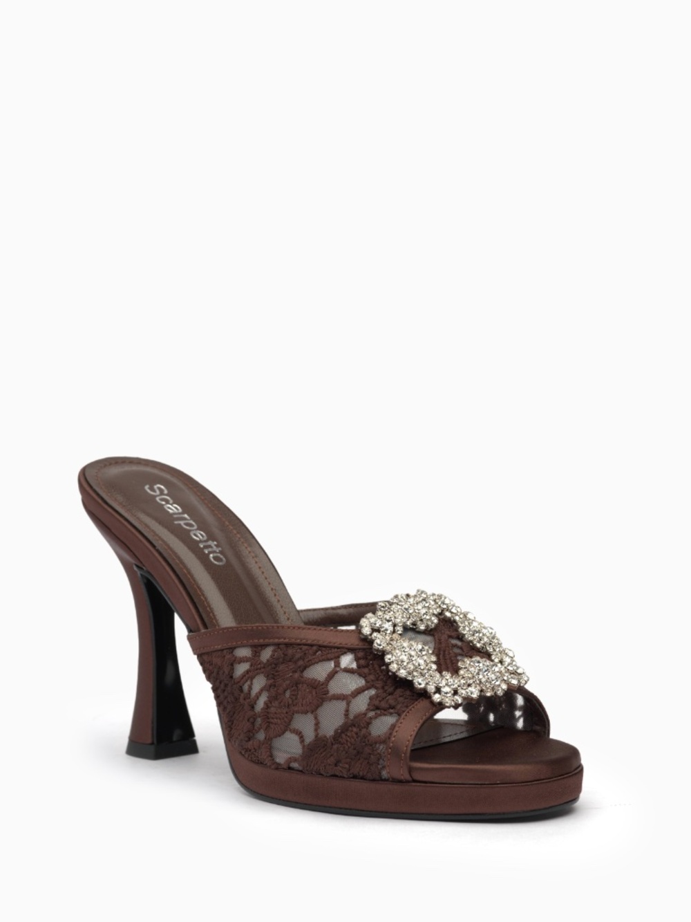 Floral Lace Mules with Crystal Buckle, Satin Trim, 100mm Heel